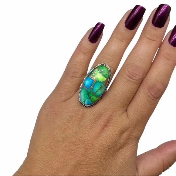 Peacock Dahlia Turquoise Ring Size 7 Solid 925 Sterling Silver Oval Green Blue - Picture 2 of 7